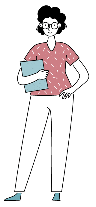 Illustration of a dental assistant with short hair, glasses, and a red shirt holding a folder, standing with one hand on their hip.