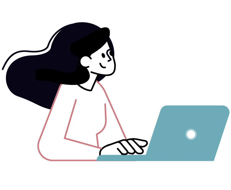 Illustration of a person with long hair using a laptop, facing to the right with a focused expression. The person is dressed in a simple outfit, reflecting their dedication to their healthcare career in dental assisting. The background is plain, emphasizing their concentration and commitment.