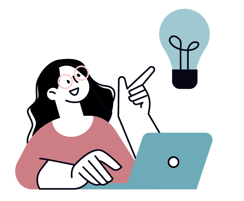 Illustration of a person wearing glasses and using a laptop, pointing at a floating light bulb, symbolizing an idea or inspiration in their career.