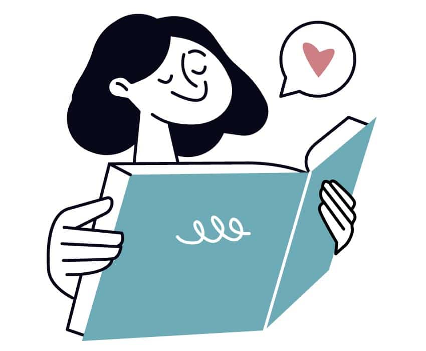 Illustration of a person with short hair reading a book and a speech bubble containing a heart symbol.