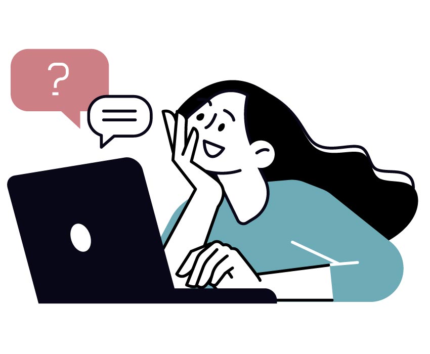 Illustration of a person with long hair using a laptop, resting their head on one hand, with a speech bubble containing a question mark and a chat box above their head.